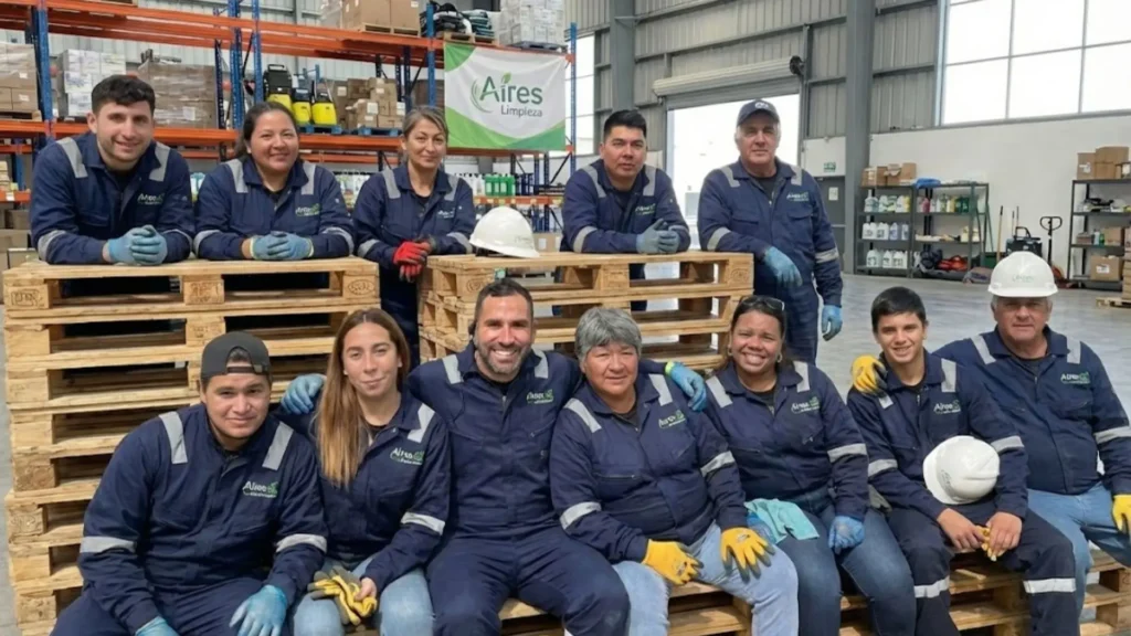 Equipo completo de profesionales de Aires Limpieza uniformados y con equipo de seguridad EPP en sus instalaciones operativas.