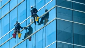 Técnico de Aires Limpieza realizando limpieza de cristales en altura en un edificio corporativo de Santiago.