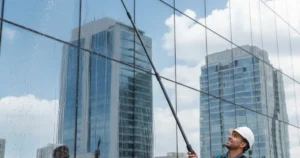 Técnico profesional utilizando sistema de pértiga con agua ultra pura para la limpieza de cristales en un edificio de oficinas.