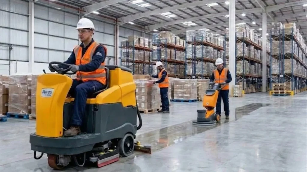 Equipo técnico de Aires Limpieza operando maquinaria de fregado industrial en un centro logístico de gran escala.